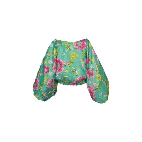 Arianne Elmy Green Good Luck Floral Embroidered Puff Sleeve Top Size S - Picture 2 of 15